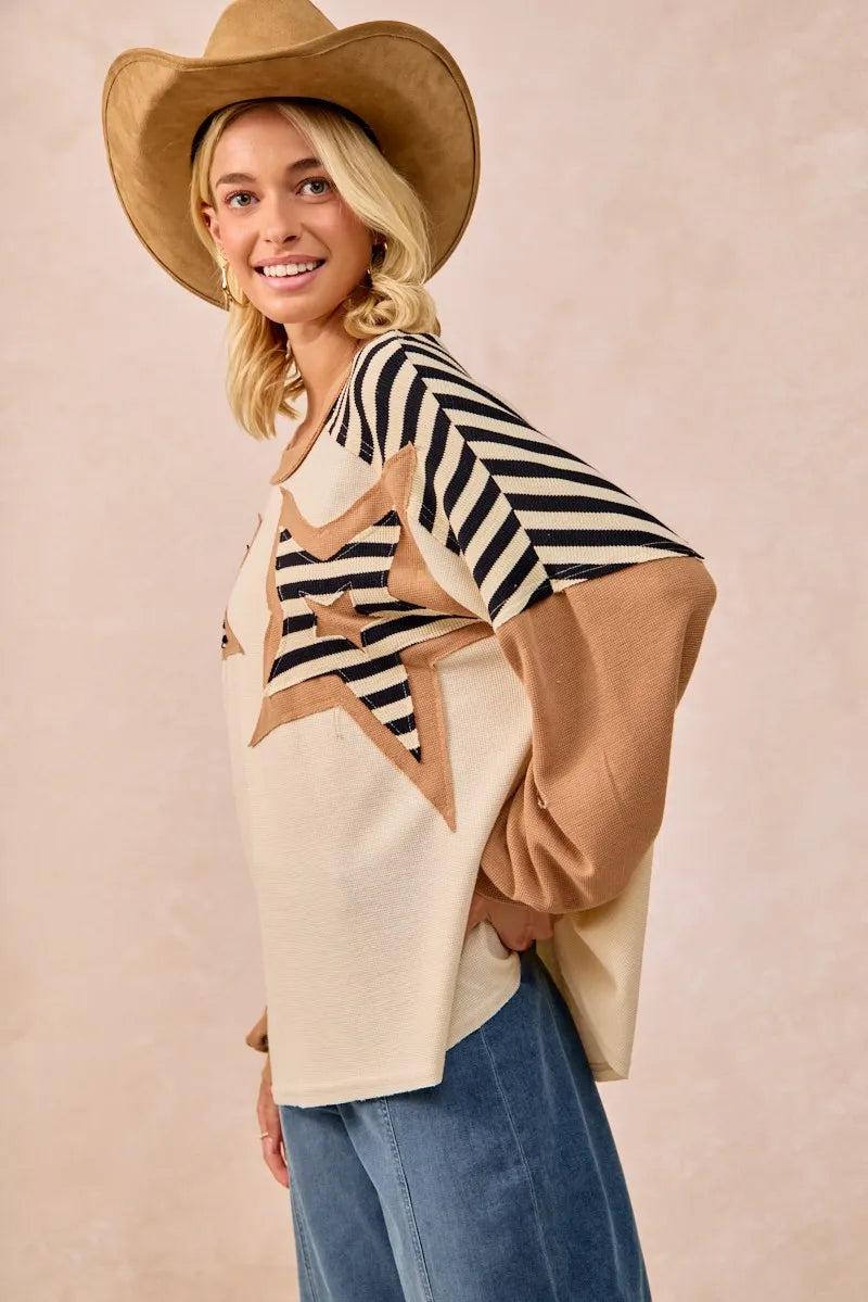 BiBi Star Patchwork Mixed Long Sleeve Top a36f92897d324014813b9b0224daccf7-Max-Origin