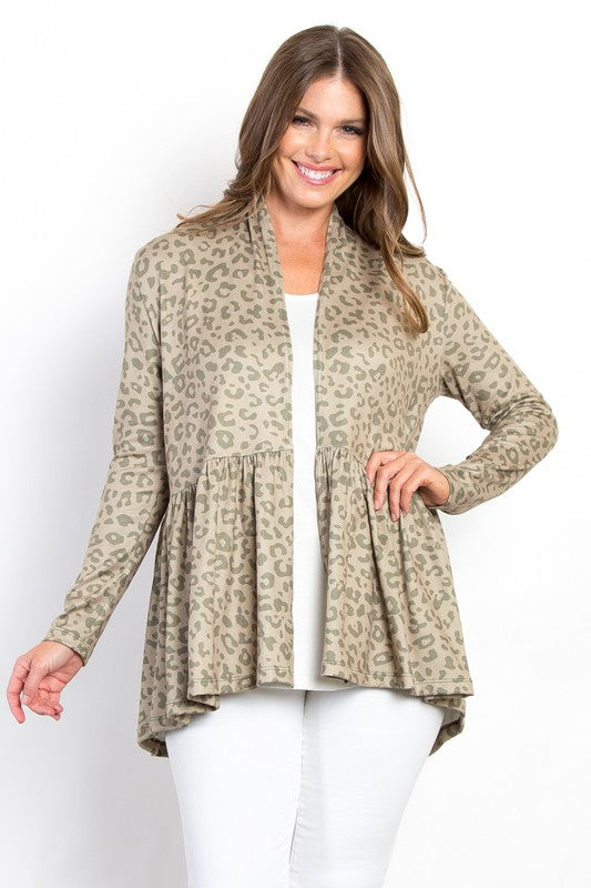 Be Stage Full Size Peplum Leopard Open Front Long Sleeve Cardigan Be Stage Full Size Peplum Leopard Open Front Long Sleeve Cardigan - TopFashionHQ