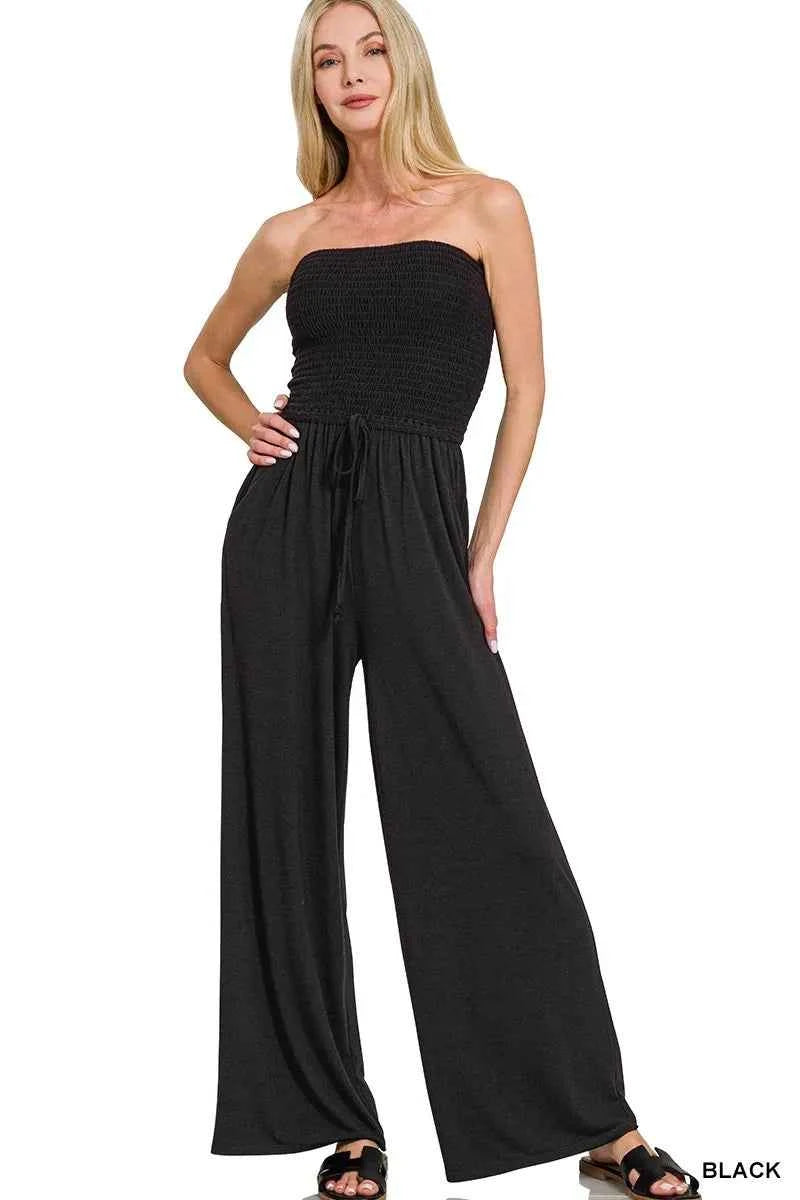 Zenana Strapless Wide Leg Smocked Jumpsuit Zenana Strapless Wide Leg Smocked Jumpsuit