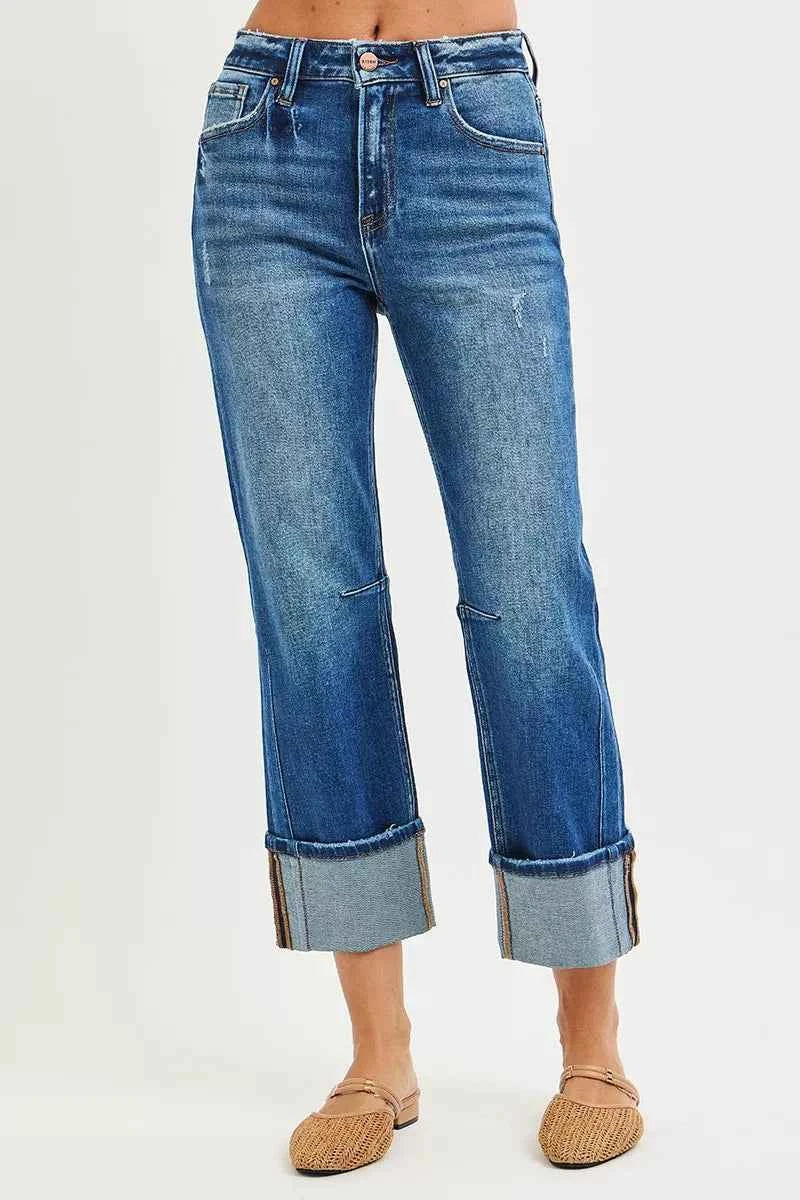 RISEN High Rise Straight Jeans with Distressed Hem RISEN High Rise Straight Jeans with Distressed Hem
