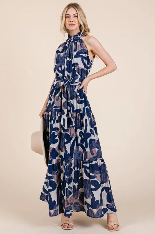 Lime 'N' Chili Abstract Halter Neck Tie-Waist Tiered Maxi Dress a3b99697821a424ca1bc9504f55fc285-Max-Origin