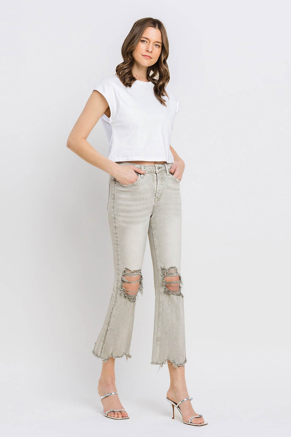 Lovervet Distressed Raw Hem Cropped Flare Jeans Lovervet Distressed Raw Hem Cropped Flare Jeans - TopFashionHQ