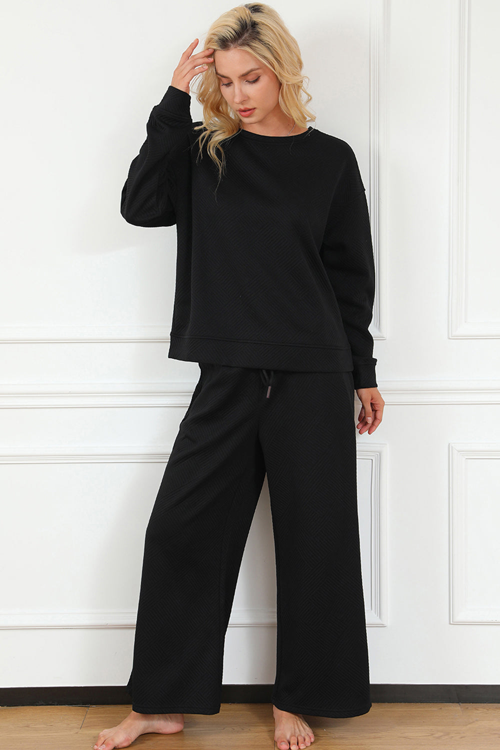 Double Take Full Size Textured Long Sleeve Top and Drawstring Pants Set Double Take Full Size Textured Long Sleeve Top and Drawstring Pants Set - TopFashionHQ