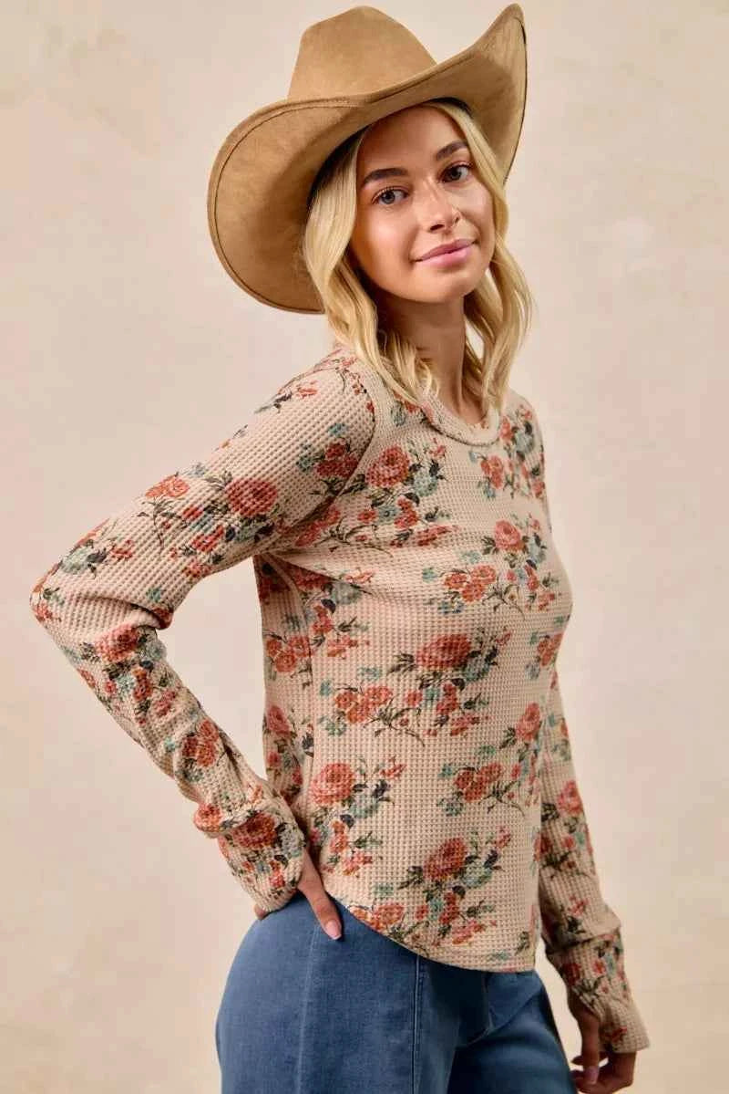 BiBi Floral Print Washed Waffle Thermal Top with Thumb BiBi Floral Print Washed Waffle Thermal Top with Thumb