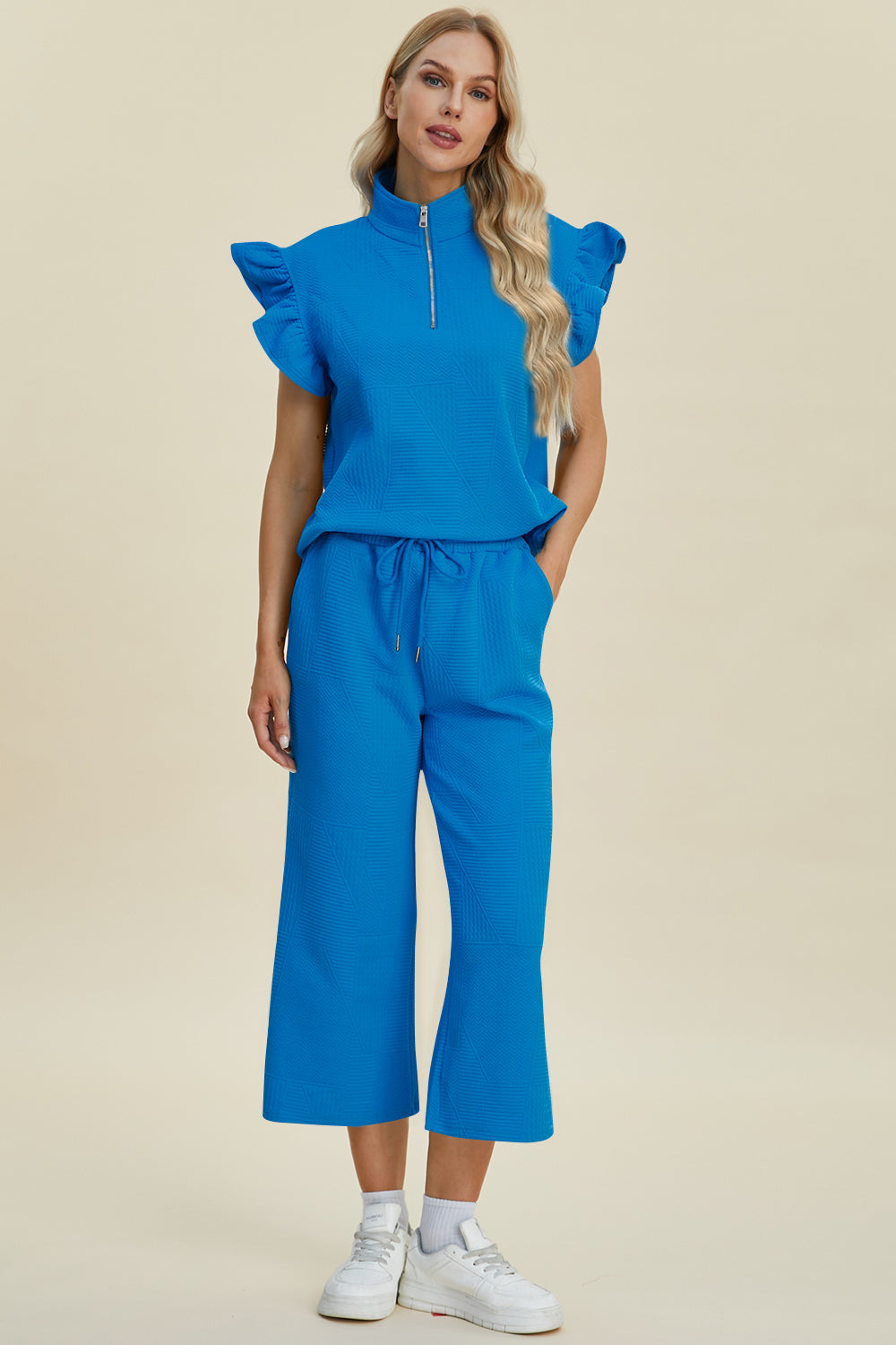 Double Take Full Size Texture Ruffle Short Sleeve Top and Wide Leg Pants Set Double Take Full Size Texture Ruffle Short Sleeve Top and Wide Leg Pants Set