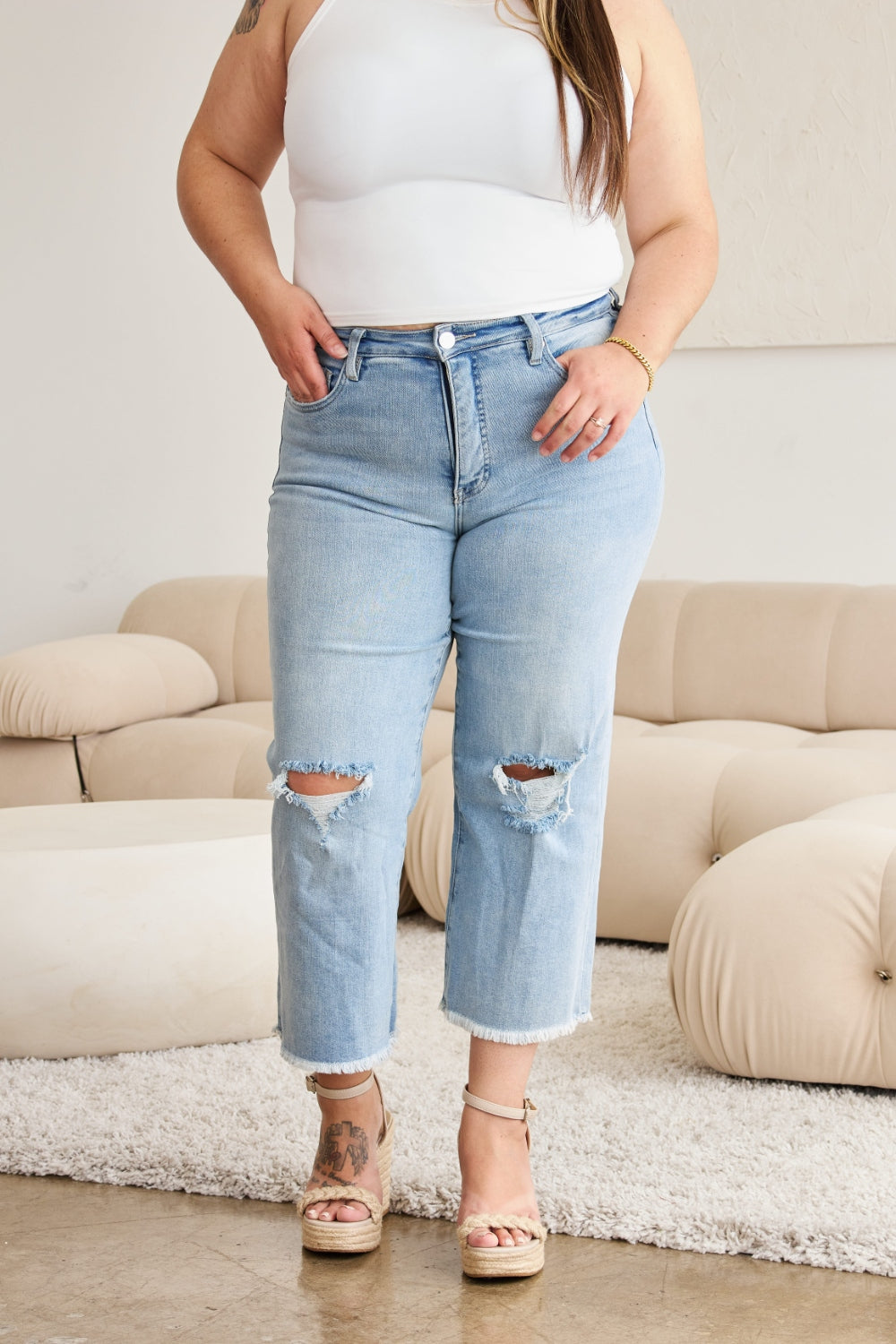 RFM Full Size Tummy Control High Waist Raw Hem Distressed Jeans RFM Full Size Tummy Control High Waist Raw Hem Distressed Jeans - TopFashionHQ
