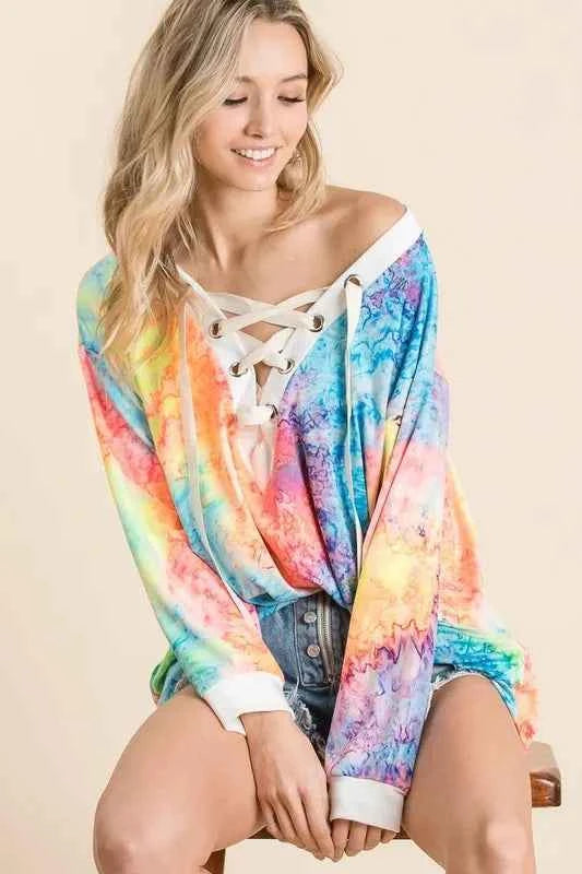 BiBi Tie Dye Deep V-neck Top With Lace Up Front BiBi Tie Dye Deep V-neck Top With Lace Up Front