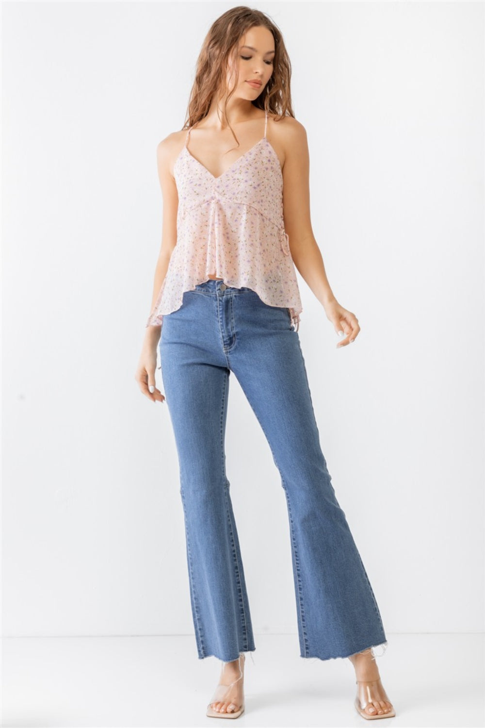 Tasha Apparel Floral Print V-Neck Criss-Cross Back Flare Cami Tasha Apparel Floral Print V-Neck Criss-Cross Back Flare Cami - TopFashionHQ