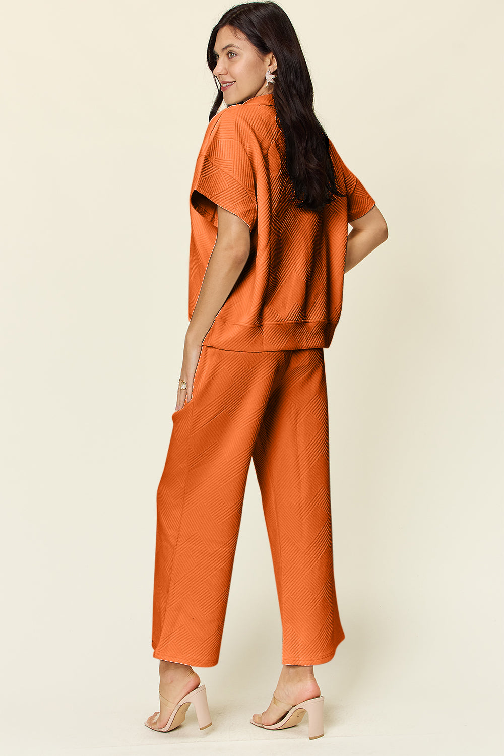 Double Take Full Size Texture Half Zip Short Sleeve Top and Pants Set Double Take Full Size Texture Half Zip Short Sleeve Top and Pants Set