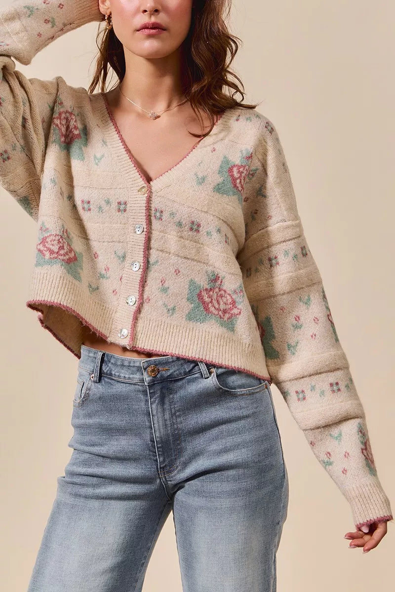 SO ME Floral Pattern Long Sleeve Button Sweater Cardigan a46d01e0d84a46f1a04084445dbb3f3a-Max-Origin