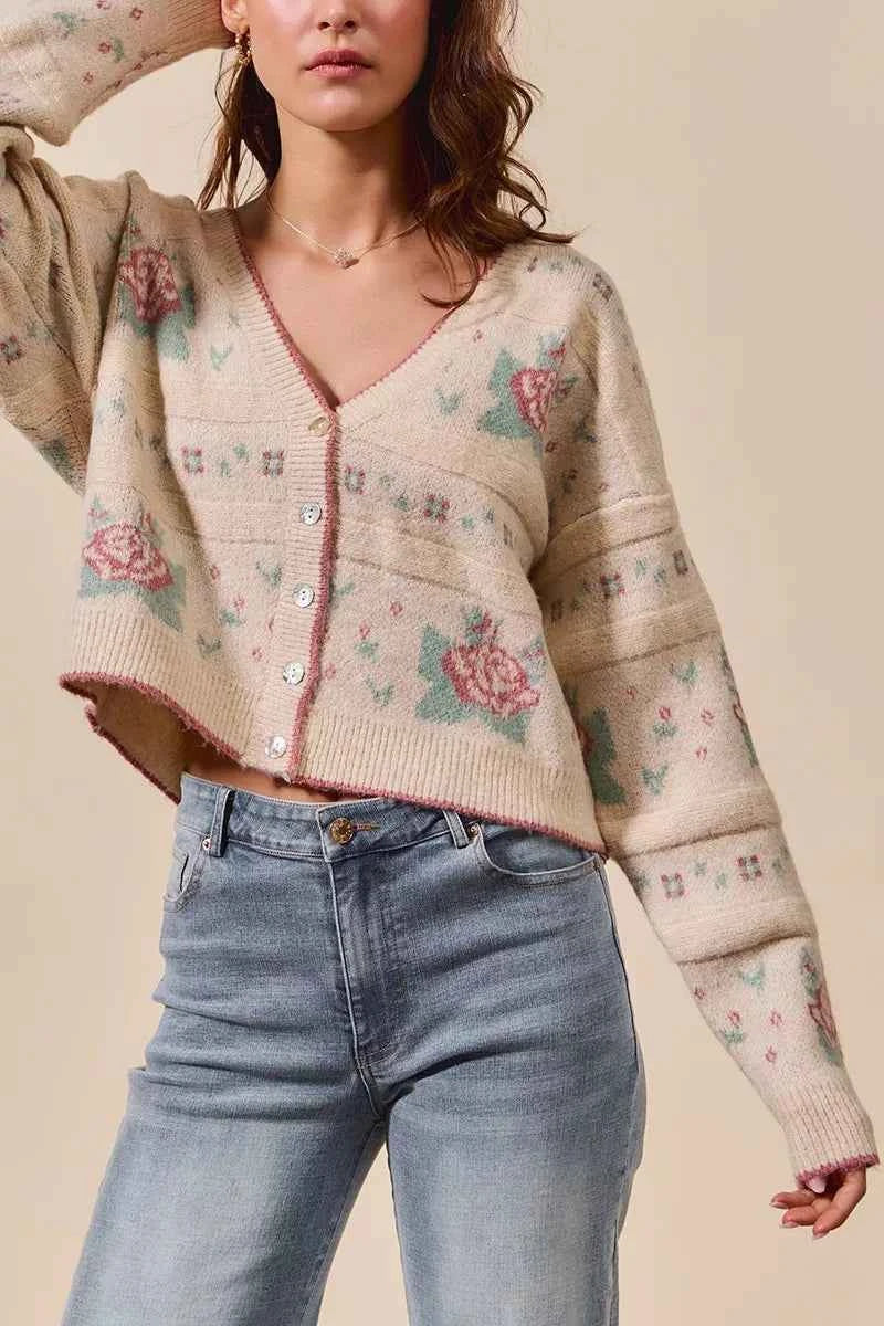 SO ME Floral Pattern Long Sleeve Button Sweater Cardigan SO ME Floral Pattern Long Sleeve Button Sweater Cardigan