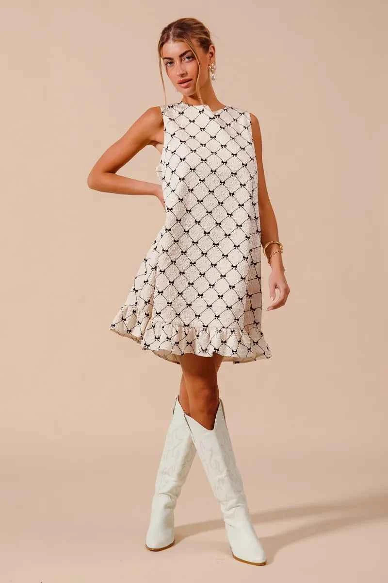 SO ME Texture Bow Printed Mini Ruffle Dress SO ME Texture Bow Printed Mini Ruffle Dress