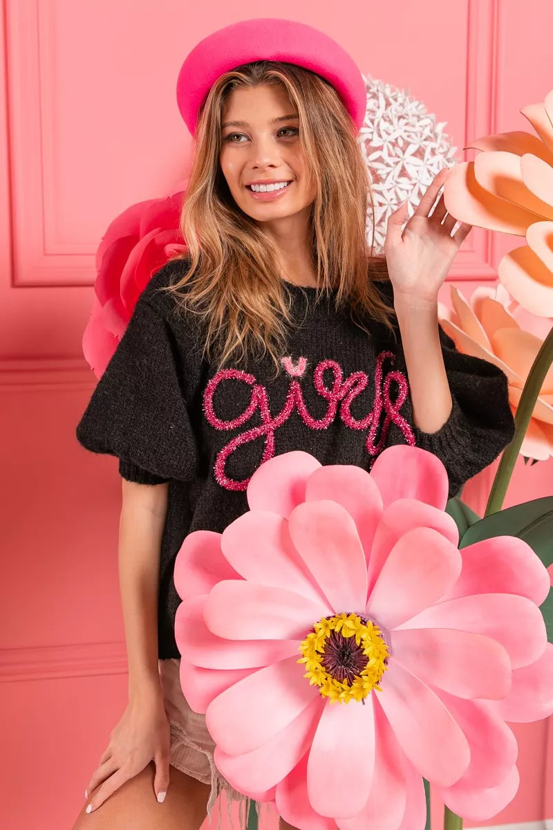 BiBi Metallic Letter Short Puff Sleeve Hairy Sweater a4daac2b-c1e5-44e4-a723-3fa6878545ba-Max-Origin