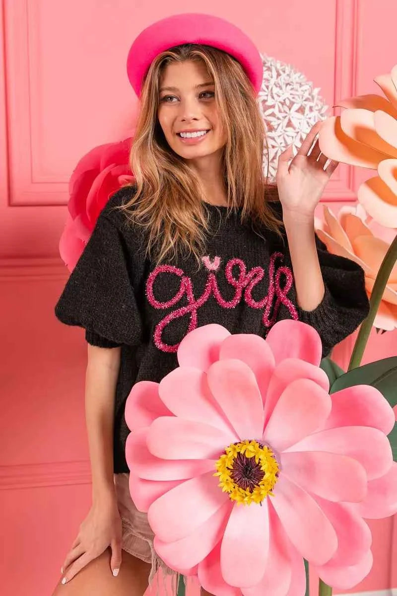 BiBi Metallic Letter Short Puff Sleeve Hairy Sweater BiBi Metallic Letter Short Puff Sleeve Hairy Sweater