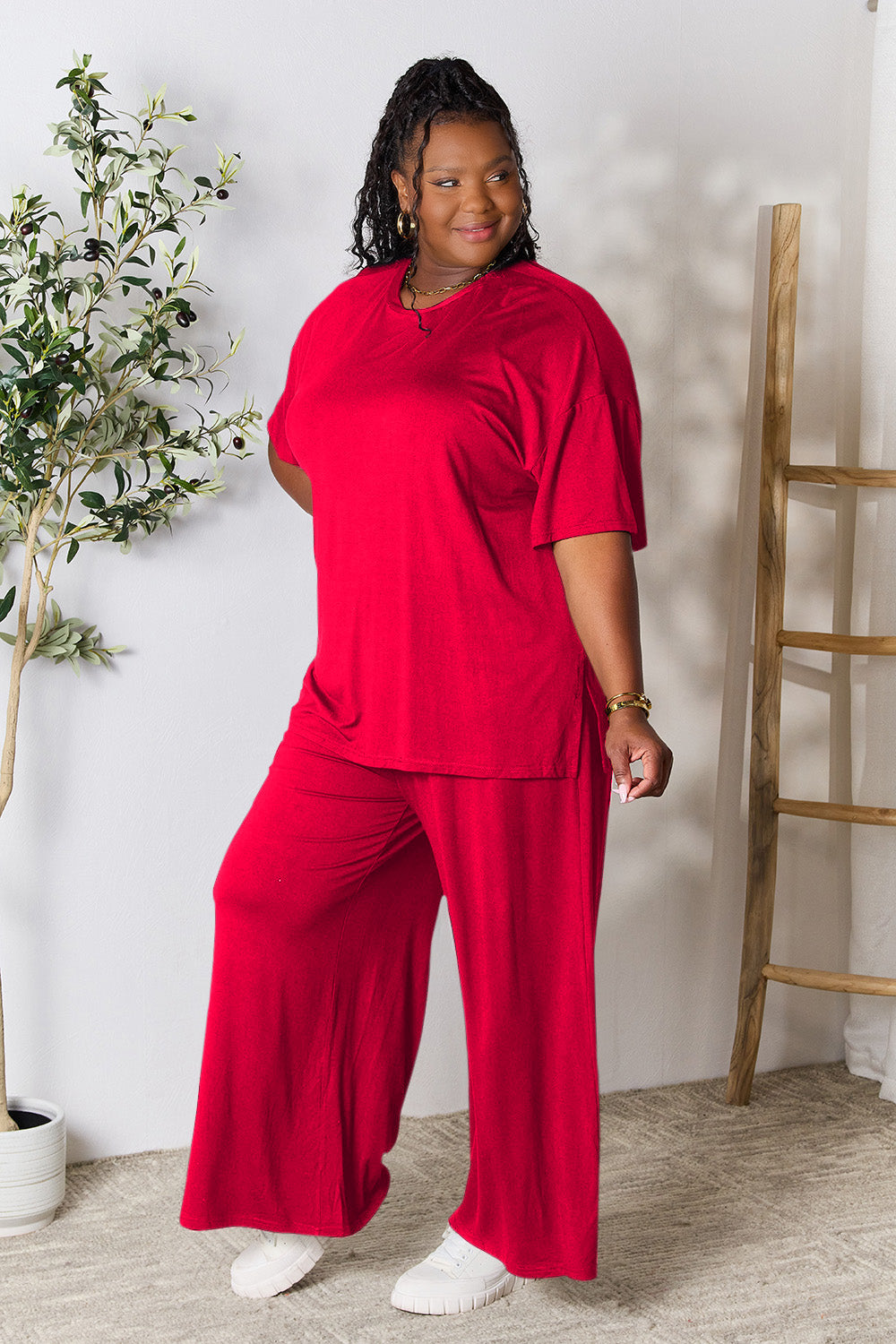 Double Take Full Size Round Neck Slit Top and Pants Set Double Take Full Size Round Neck Slit Top and Pants Set - TopFashionHQ