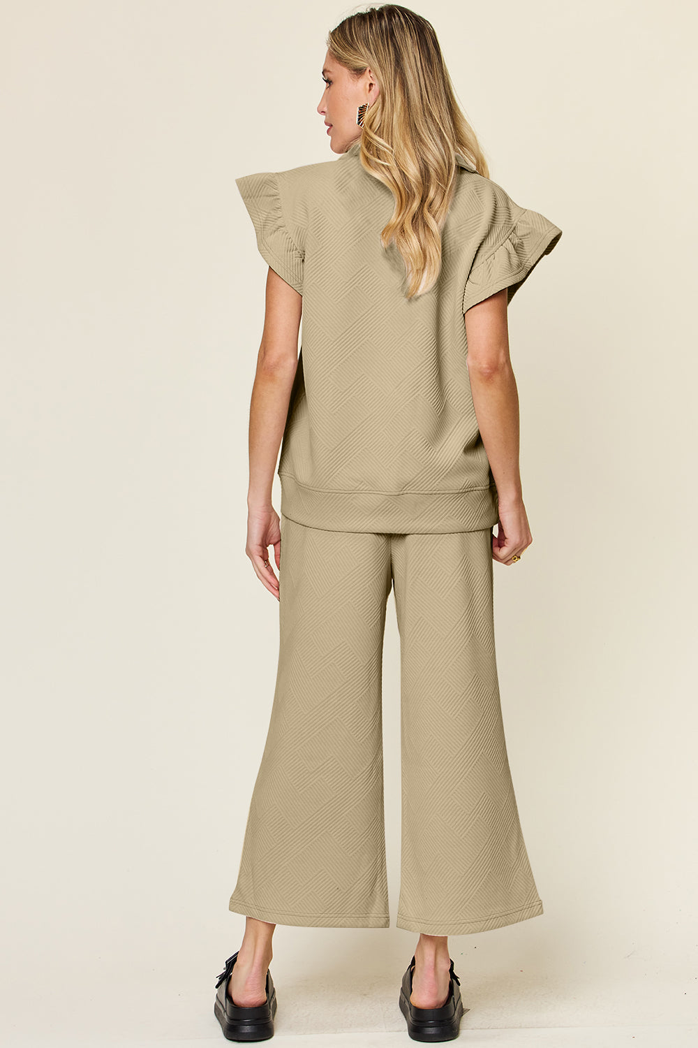 Double Take Texture Ruffle Short Sleeve Top and Drawstring Wide Leg Pants Set Double Take Texture Ruffle Short Sleeve Top and Drawstring Wide Leg Pants Set