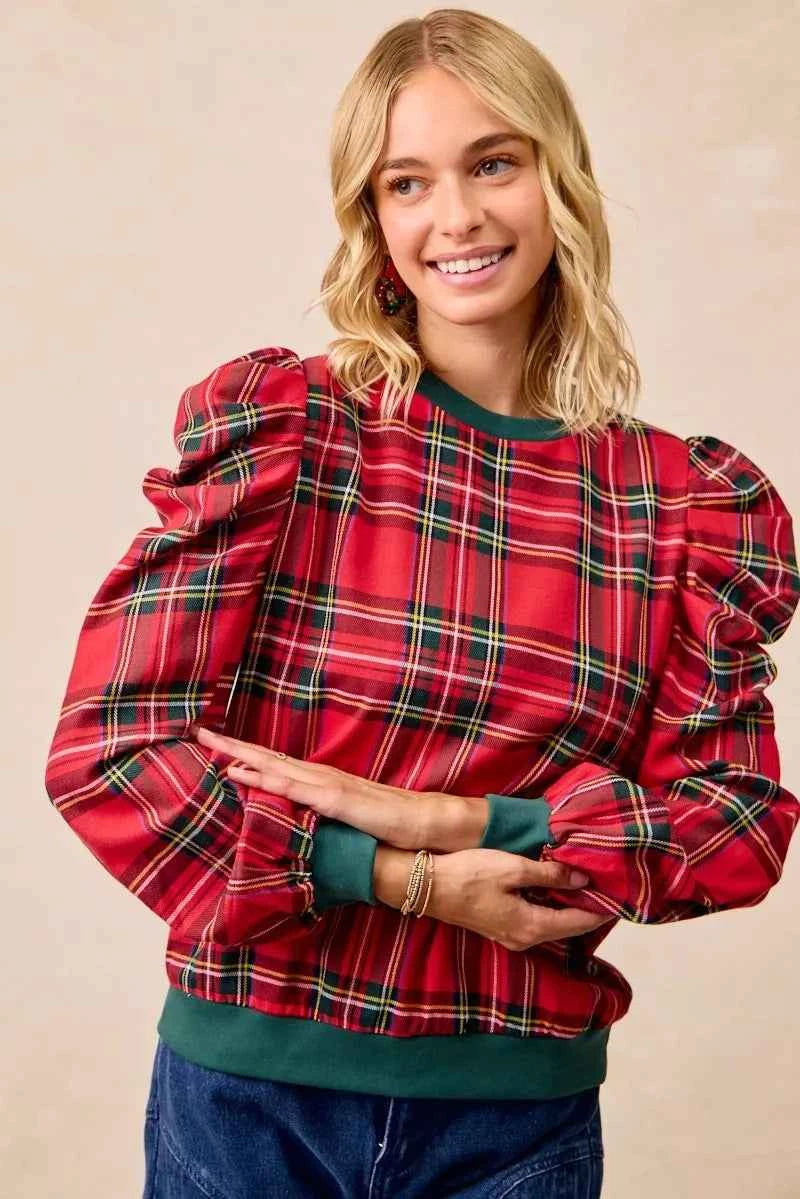 BiBi Christmas Plaid Exaggerated Shoulder Sleeves Top BiBi Christmas Plaid Exaggerated Shoulder Sleeves Top