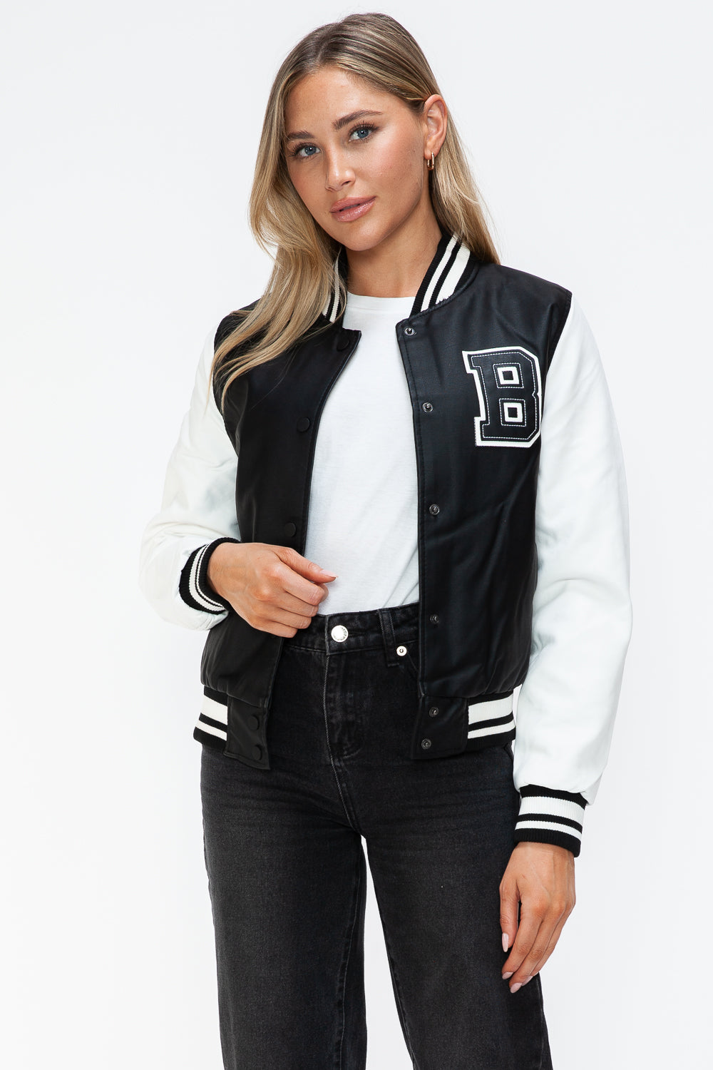 Love Me Now PU Leather Contrast Snap Down Bomber Jacket Love Me Now PU Leather Contrast Snap Down Bomber Jacket - TopFashionHQ