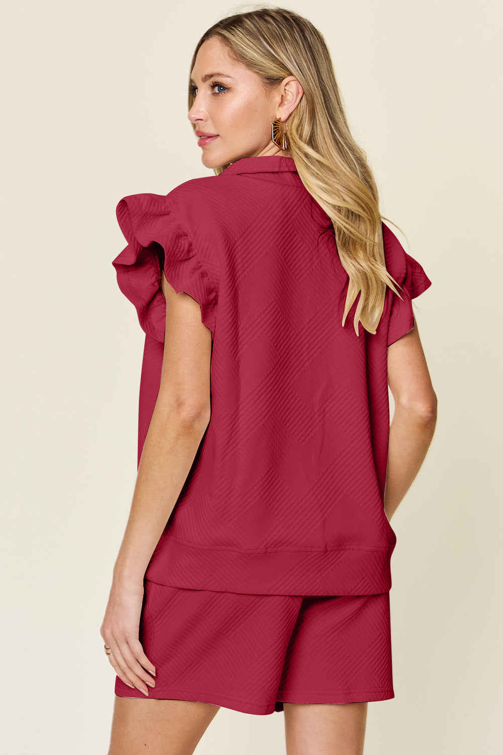 Double Take Full Size Texture Flounce Sleeve Top and Drawstring Shorts Set Double Take Full Size Texture Flounce Sleeve Top and Drawstring Shorts Set