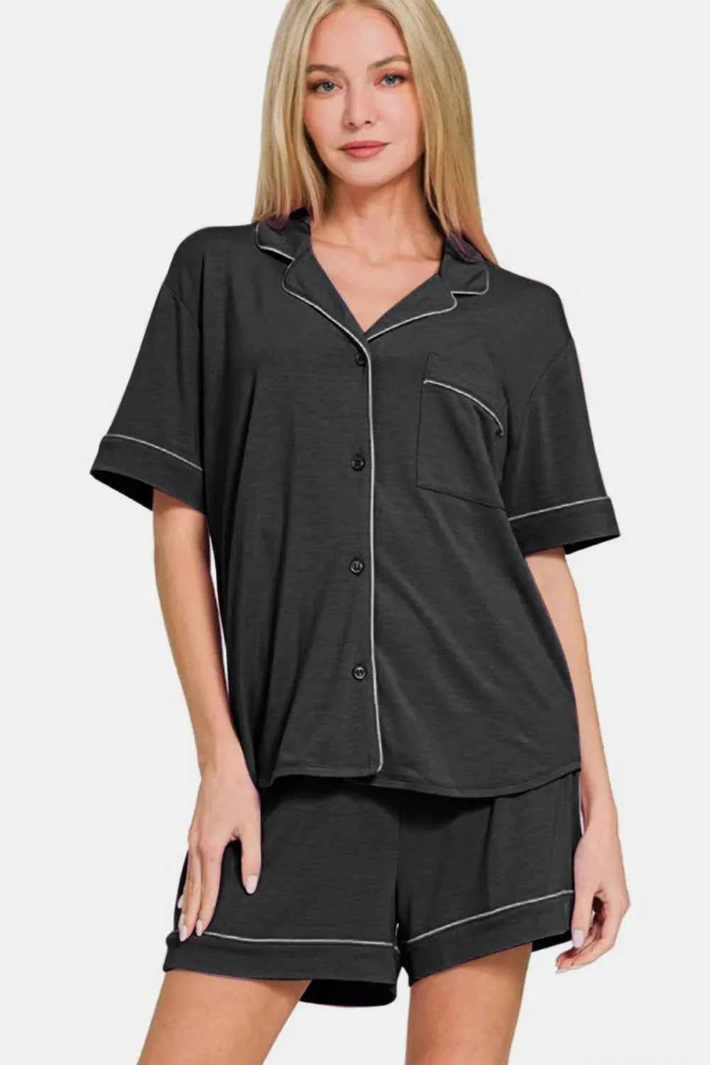 Zenana Button Down Short Sleeve Top and Shorts Lounge Set Zenana Button Down Short Sleeve Top and Shorts Lounge Set