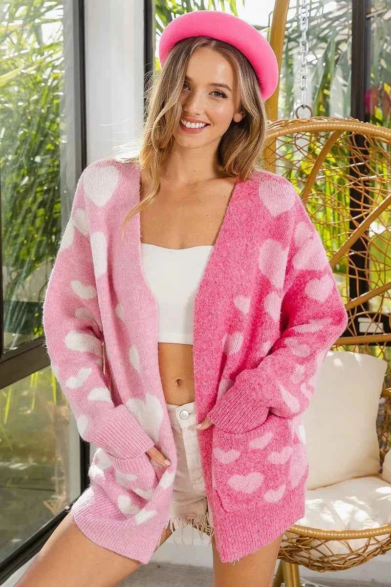 BiBi Heart Color Block V-Beck Knit Cardigan with Pockets BiBi Heart Color Block V-Beck Knit Cardigan with Pockets