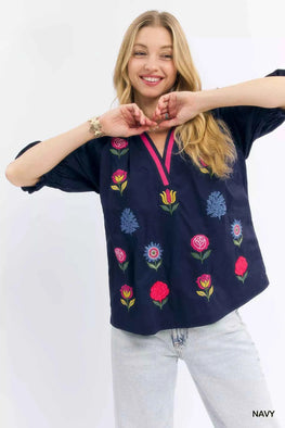 Umgee Embroidered Floral Top with Contrast Trim