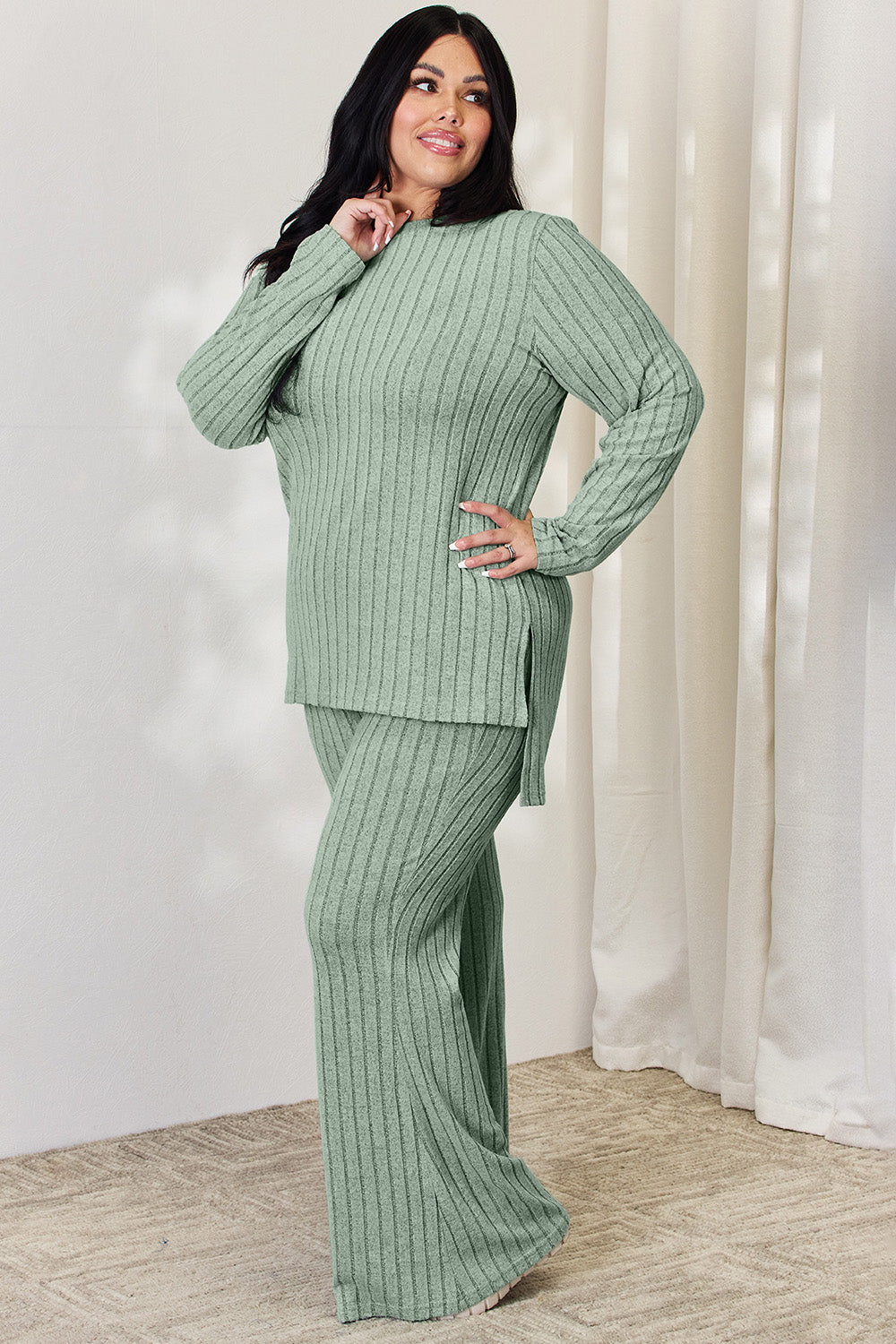 Basic Bae Full Size Ribbed High-Low Top and Wide Leg Pants Set Basic Bae Full Size Ribbed High-Low Top and Wide Leg Pants Set - TopFashionHQ