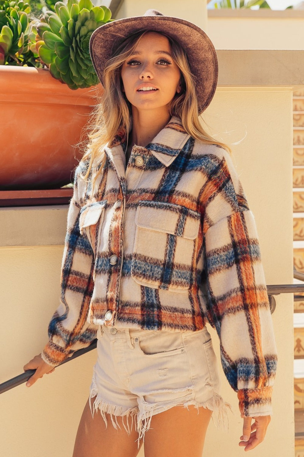 BiBi Brushed Plaid Crop Jacket with Pockets BiBi Brushed Plaid Crop Jacket with Pockets