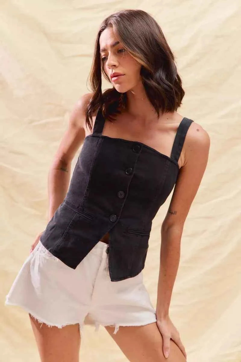 SO ME Button Down Sleeveless Game Day Fitted Denim Top SO ME Button Down Sleeveless Game Day Fitted Denim Top