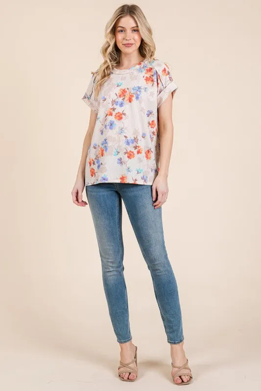 BOMBOM Floral Round Neck RIbbed T-Shirt a614efe33e334bff85ed01cbd6239085-Max-Origin
