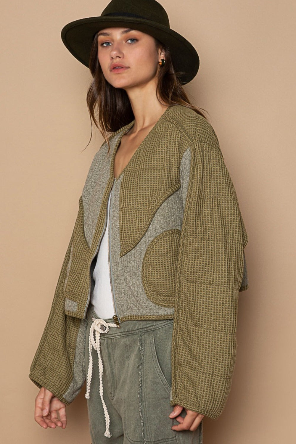 POL Quilted Knit Viding Detail Knit Patch Jacket POL Quilted Knit Viding Detail Knit Patch Jacket