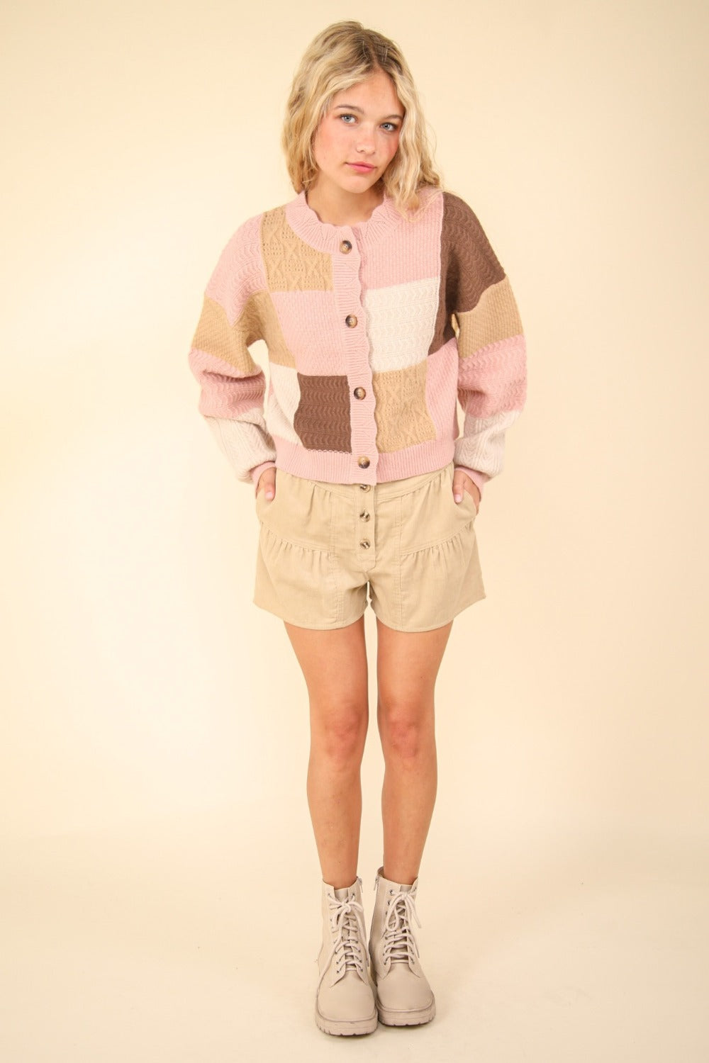 VERY J Color Block Button Down Textured Sweater Cardigan VERY J Color Block Button Down Textured Sweater Cardigan