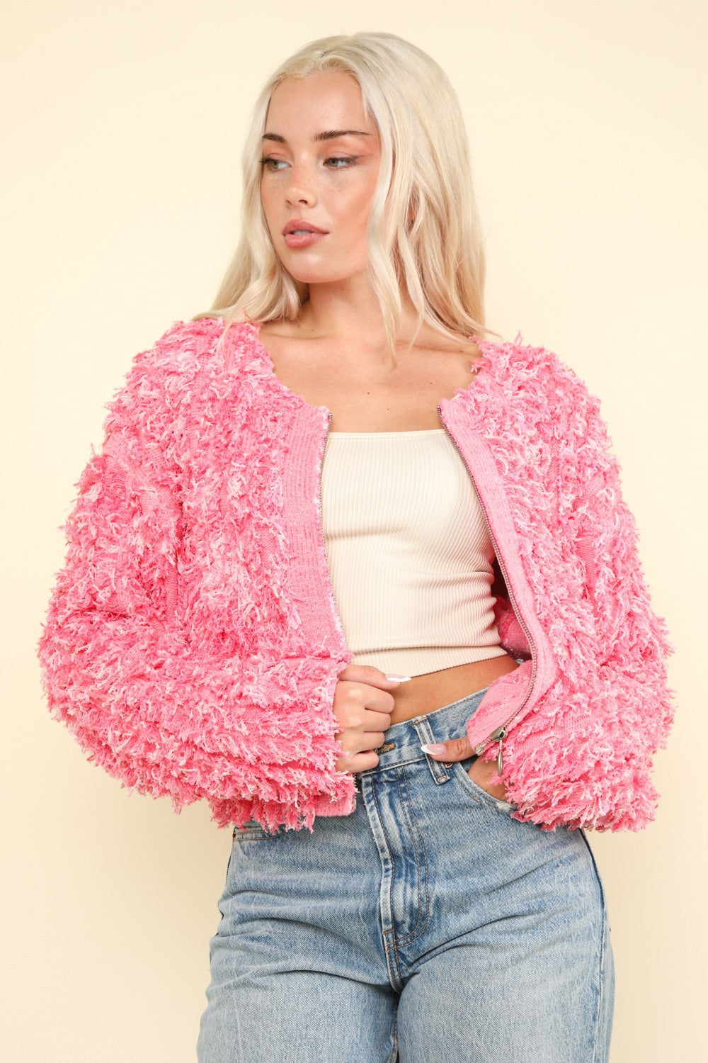 VERY J Shaggy Yarn Knit Zip Up Jacket VERY J Shaggy Yarn Knit Zip Up Jacket