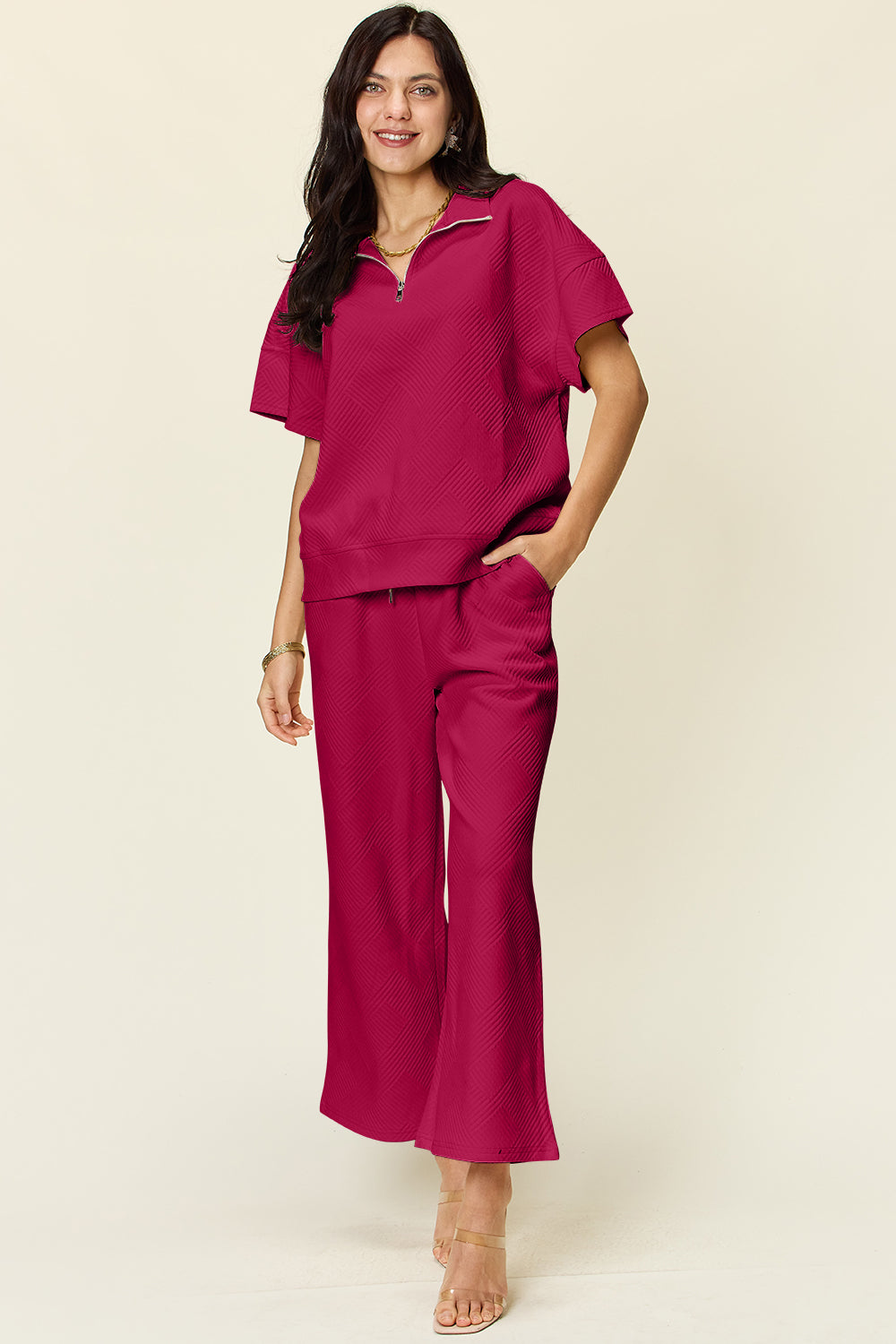 Double Take Full Size Texture Half Zip Short Sleeve Top and Pants Set Double Take Full Size Texture Half Zip Short Sleeve Top and Pants Set