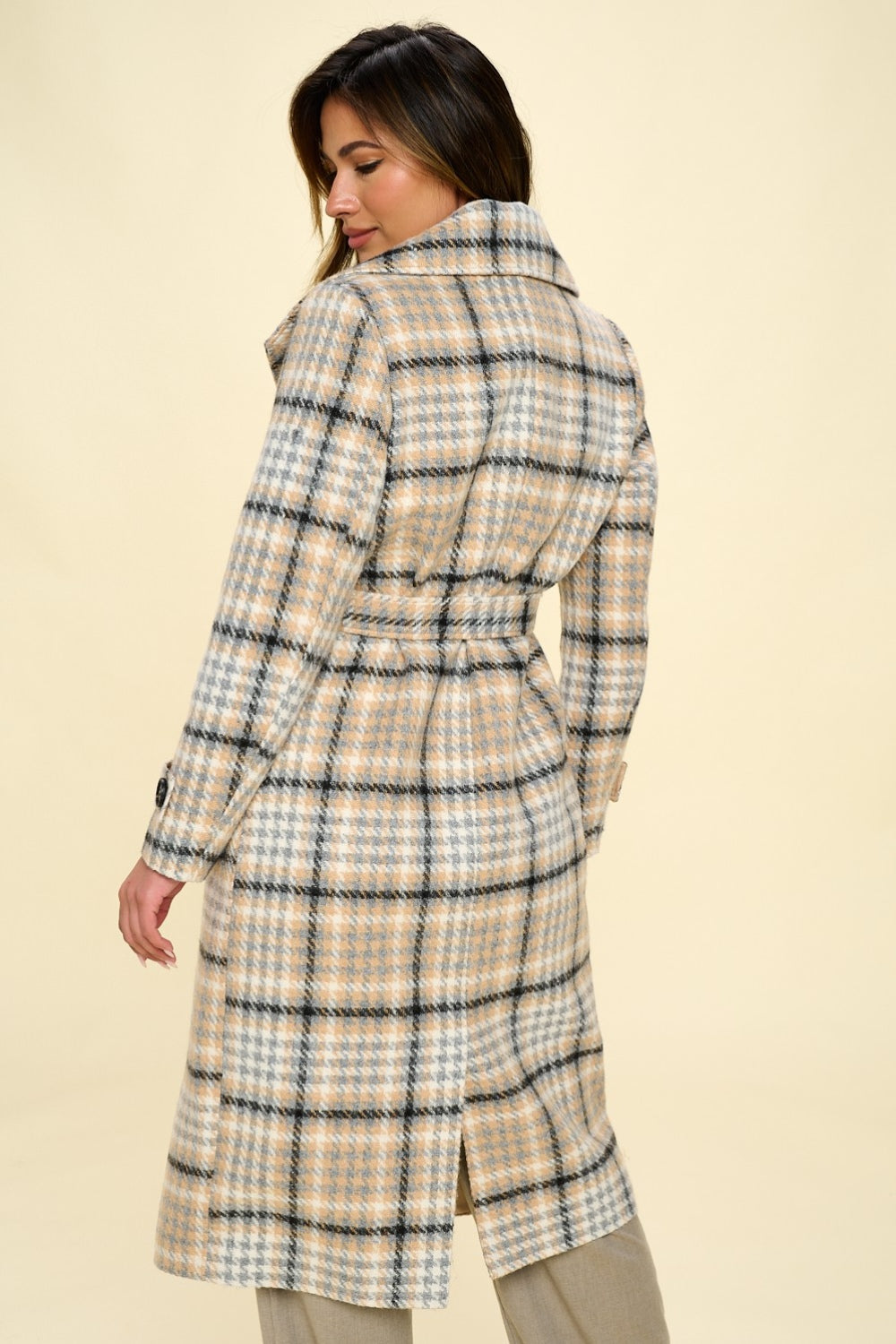 Coalition LA Double-Breasted Plaid Coat with Belt Coalition LA Double-Breasted Plaid Coat with Belt - TopFashionHQ