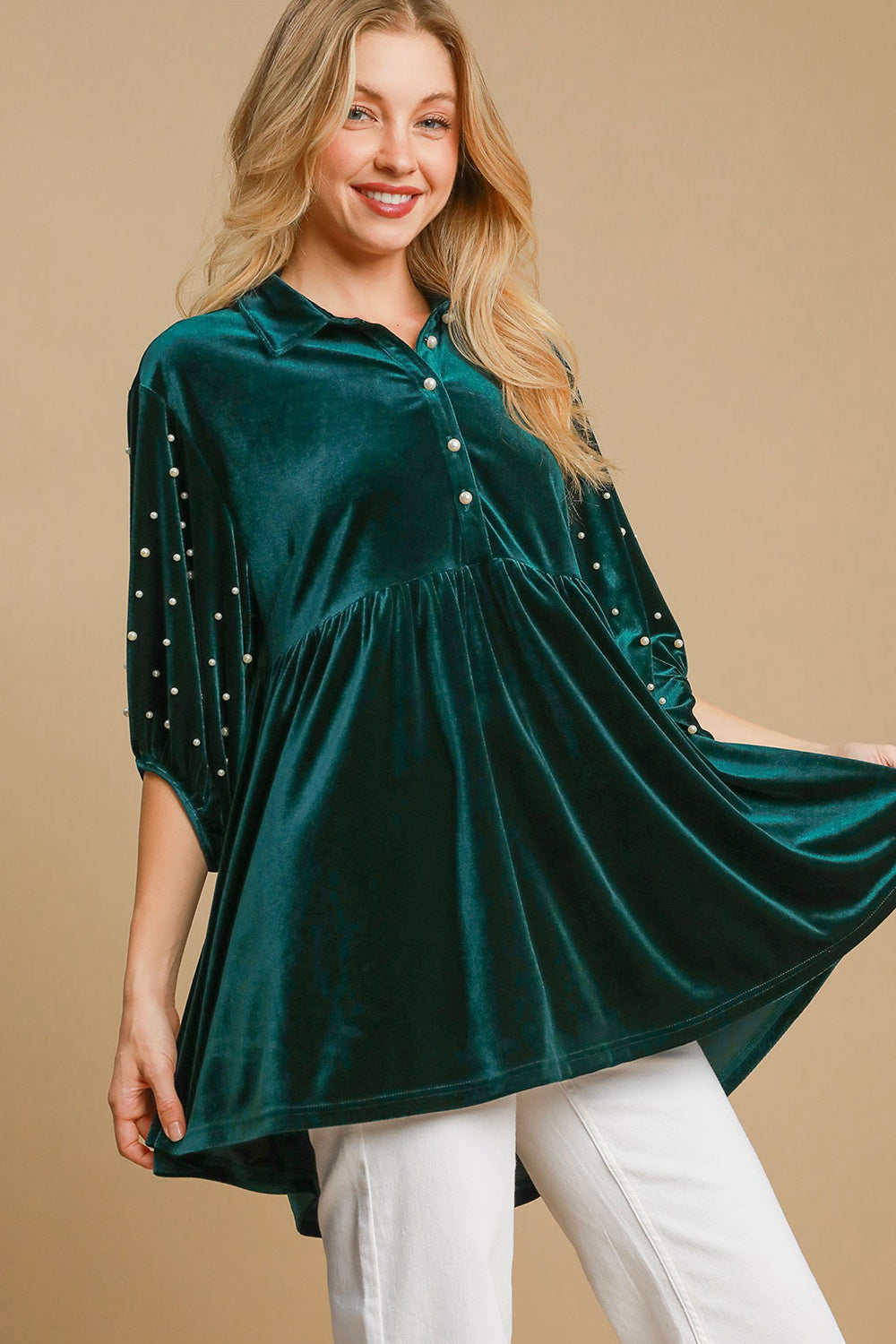 Umgee Pearl Detail Half Sleeve Velvet Babydoll Blouse Umgee Pearl Detail Half Sleeve Velvet Babydoll Blouse - TopFashionHQ