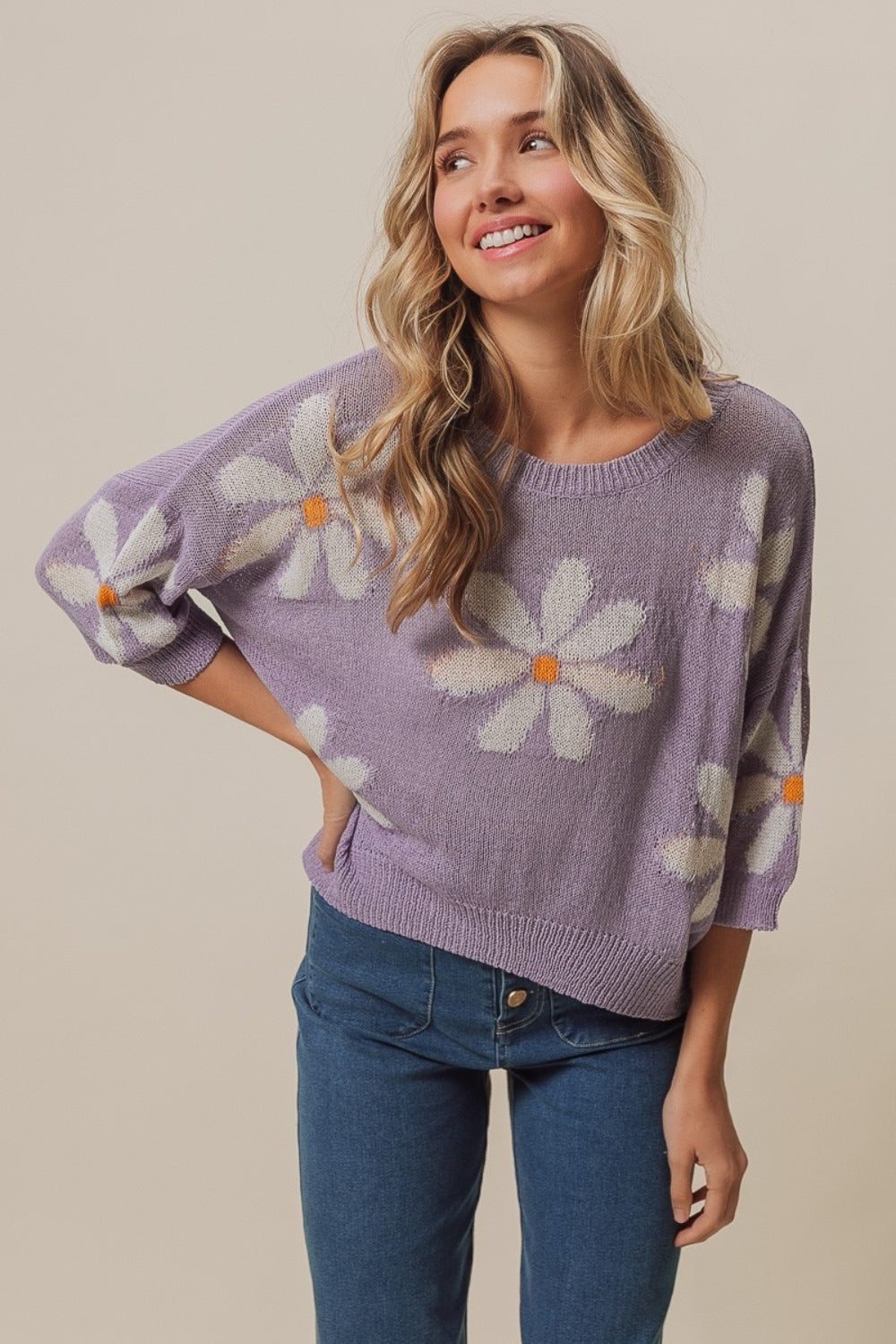BiBi Floral Pattern Slit Sweater BiBi Floral Pattern Slit Sweater - TopFashionHQ