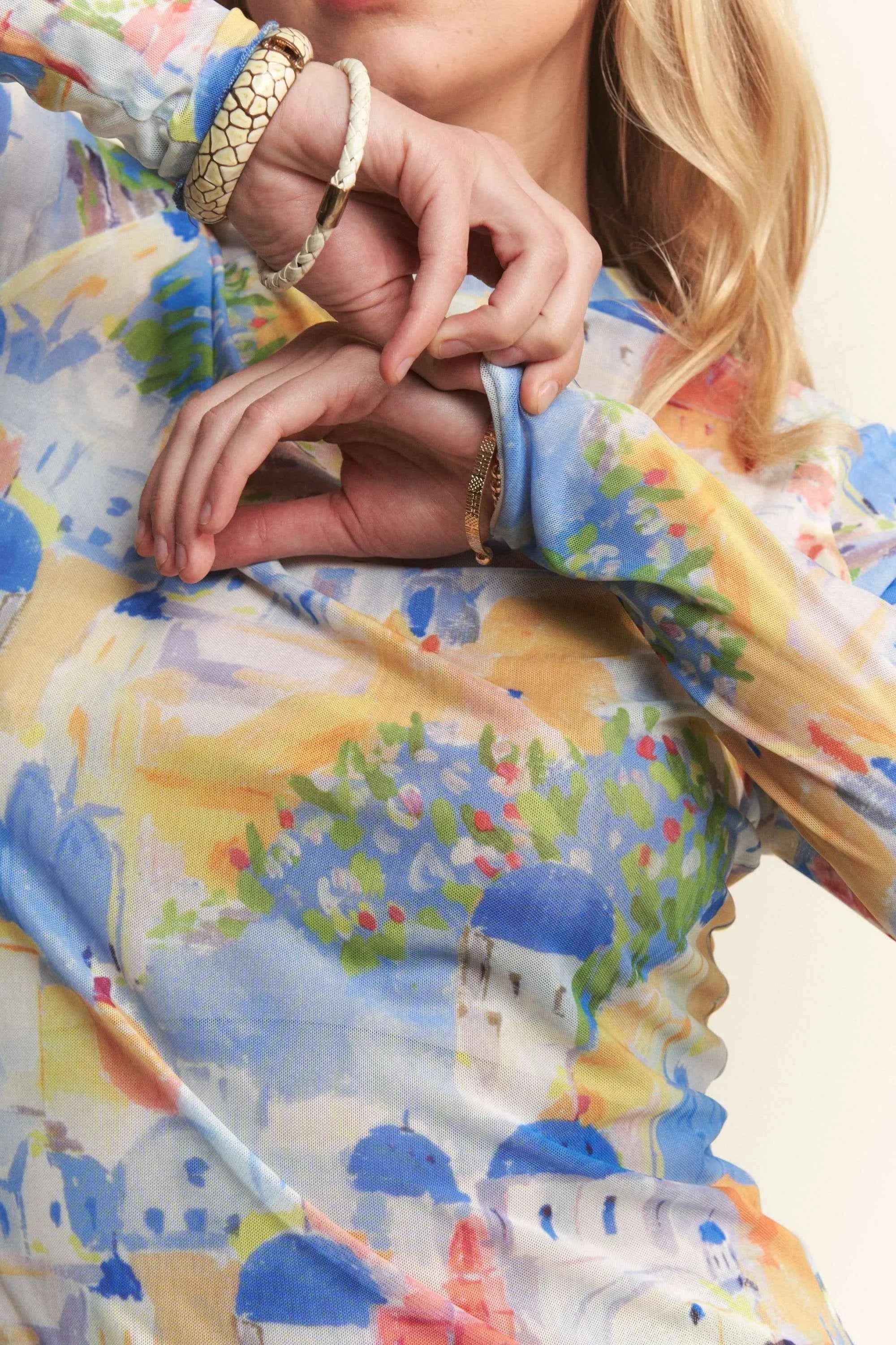 Davi & Dani Multi Printed Mesh Round Neck Long Sleeve Top Davi & Dani Multi Printed Mesh Round Neck Long Sleeve Top