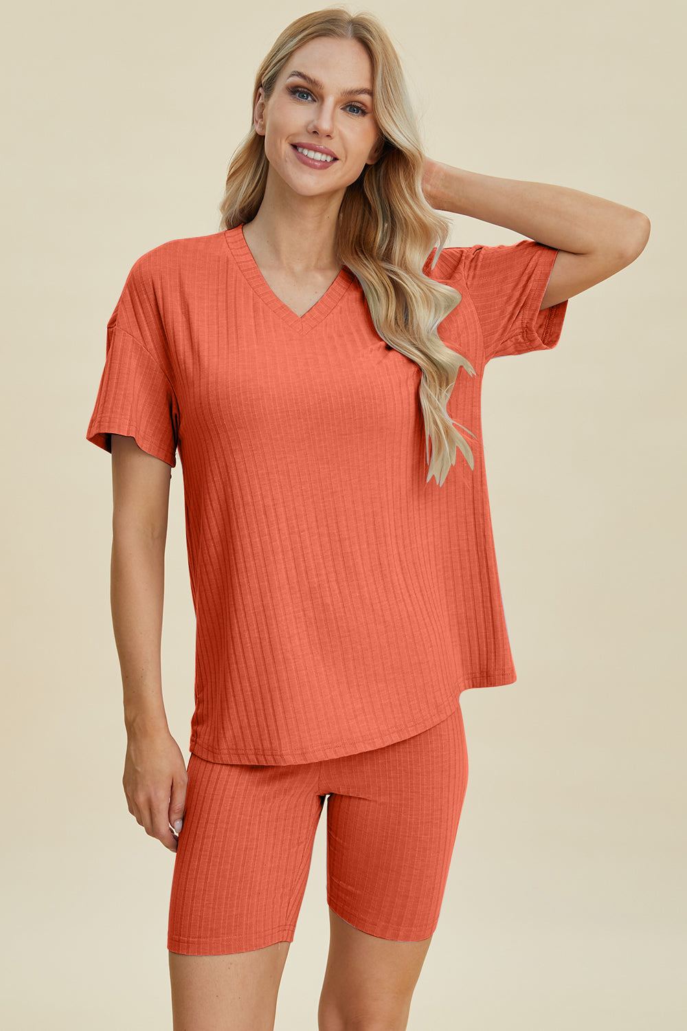 Basic Bae Full Size Ribbed V-Neck Short Sleeve Top and Shorts Set Basic Bae Full Size Ribbed V-Neck Short Sleeve Top and Shorts Set