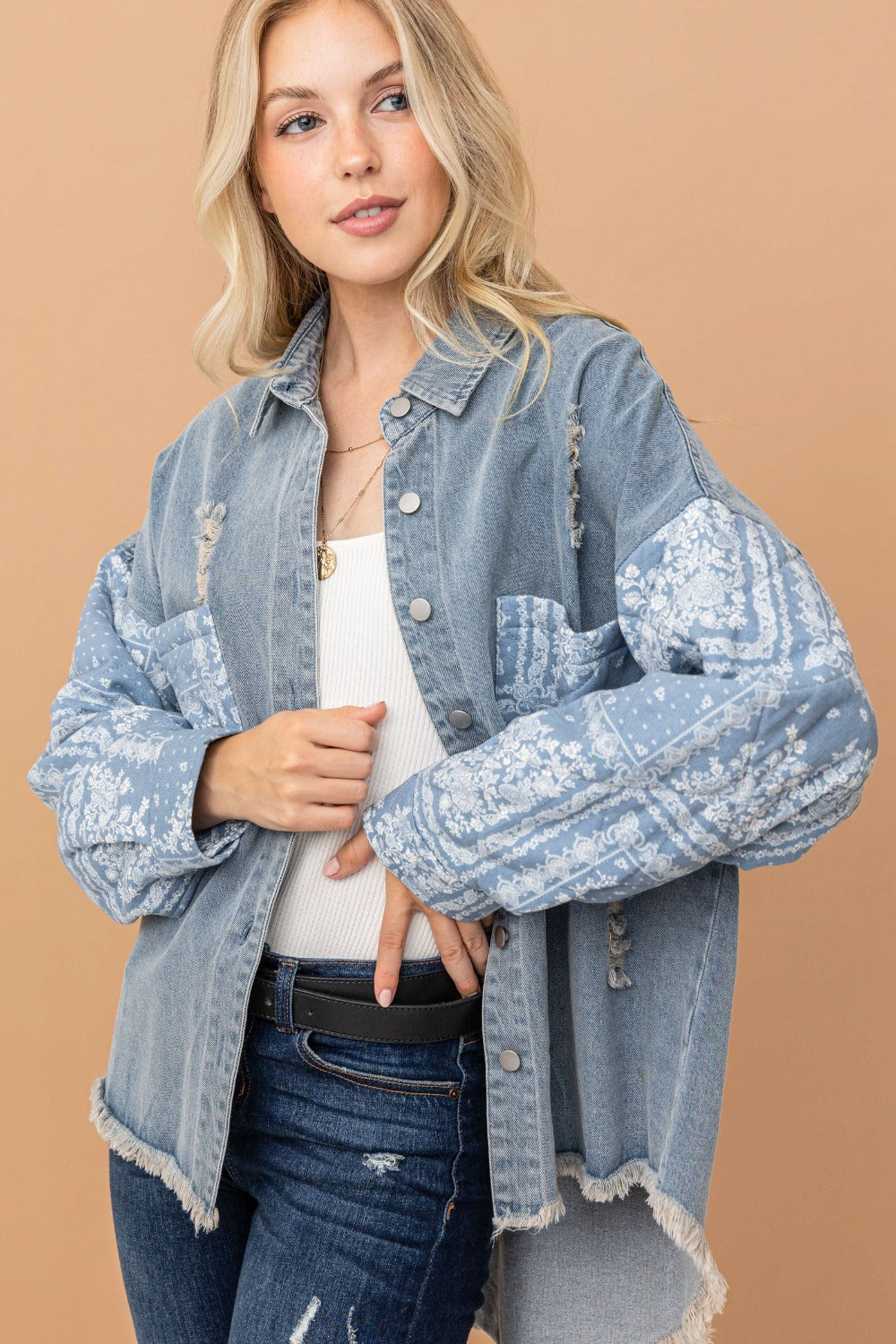 And The Why Full Size Paisley Print Quilted Sleeves Denim Jacket And The Why Full Size Paisley Print Quilted Sleeves Denim Jacket