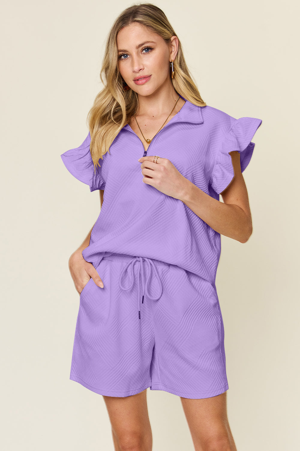 Double Take Full Size Texture Flounce Sleeve Top and Drawstring Shorts Set Double Take Full Size Texture Flounce Sleeve Top and Drawstring Shorts Set