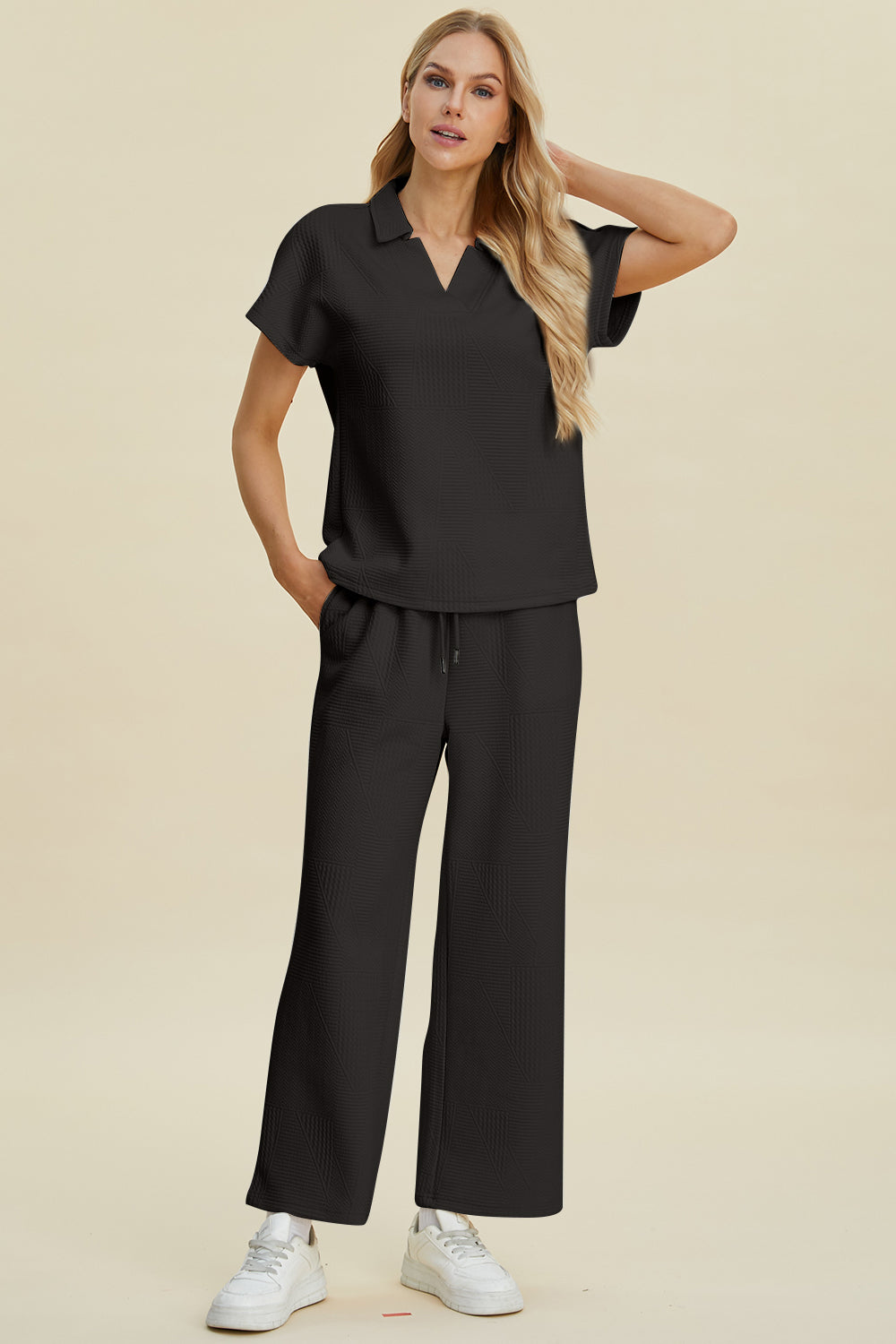 Double Take Full Size Collared Neck Short Sleeve Top and Pants Set Double Take Full Size Collared Neck Short Sleeve Top and Pants Set