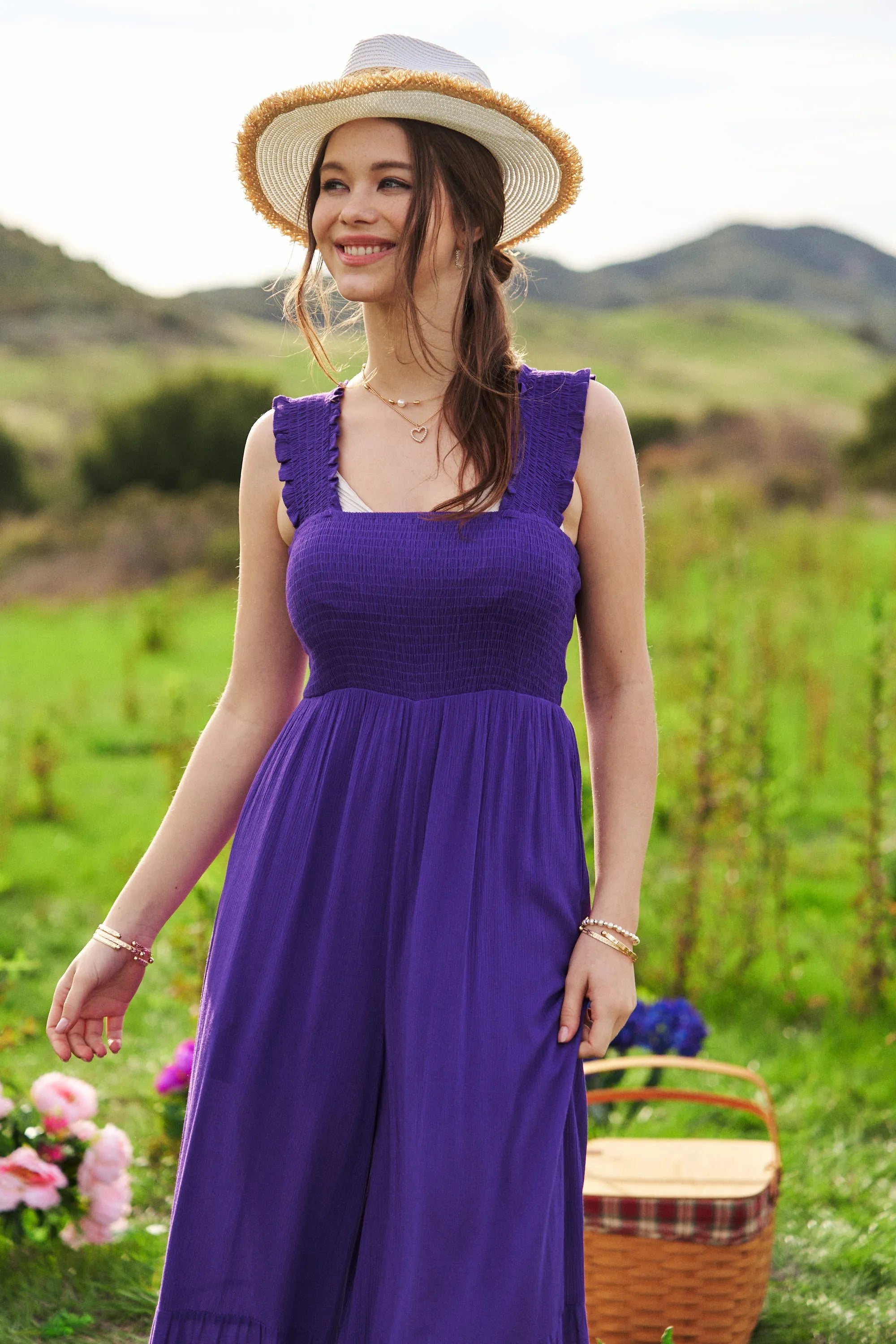 Davi & Dani Smocked Bodice Strap Ruffle Tie Belt Jumpsuit a7774d50e280463da10f52d3fce2da5a-Max-Origin