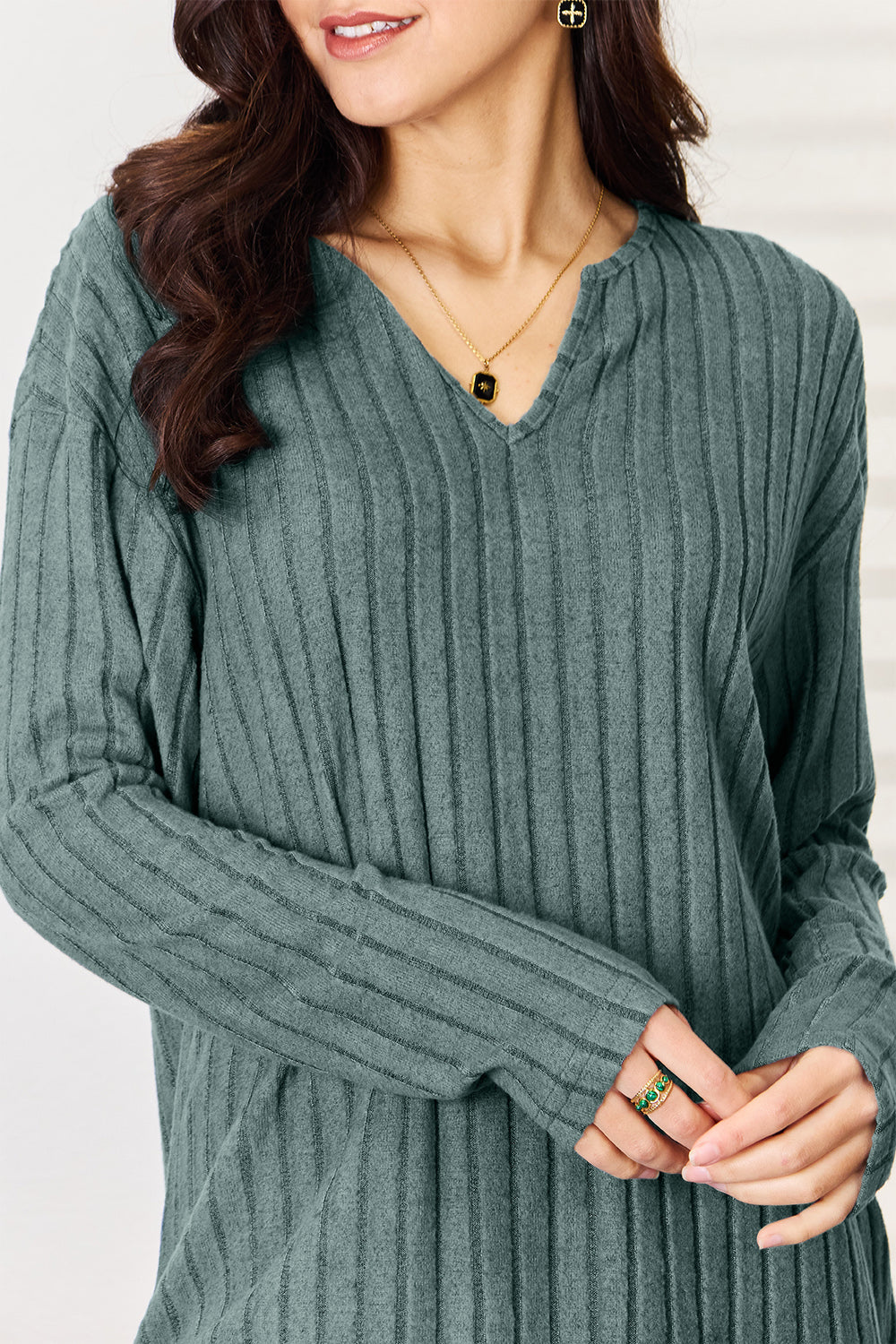 Basic Bae Full Size Notched Long Sleeve Top and Pants Set Basic Bae Full Size Notched Long Sleeve Top and Pants Set - TopFashionHQ