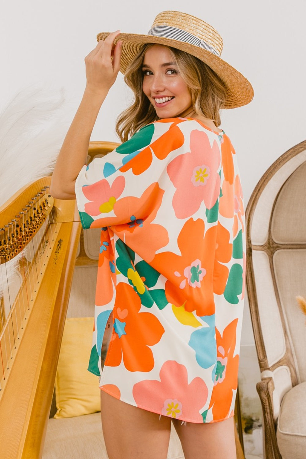 BiBi Floral V Neck Slit Side T-Shirt BiBi Floral V Neck Slit Side T-Shirt - TopFashionHQ