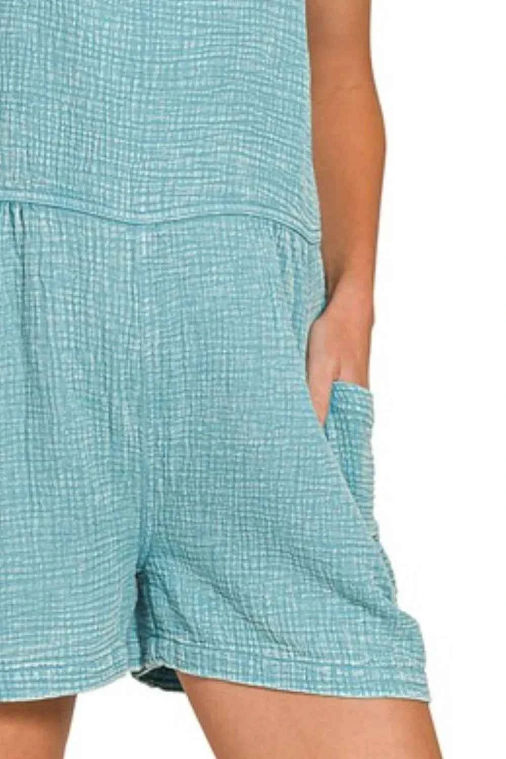 Zenana Washed Double Gauze Tie Back Rompers Zenana Washed Double Gauze Tie Back Rompers