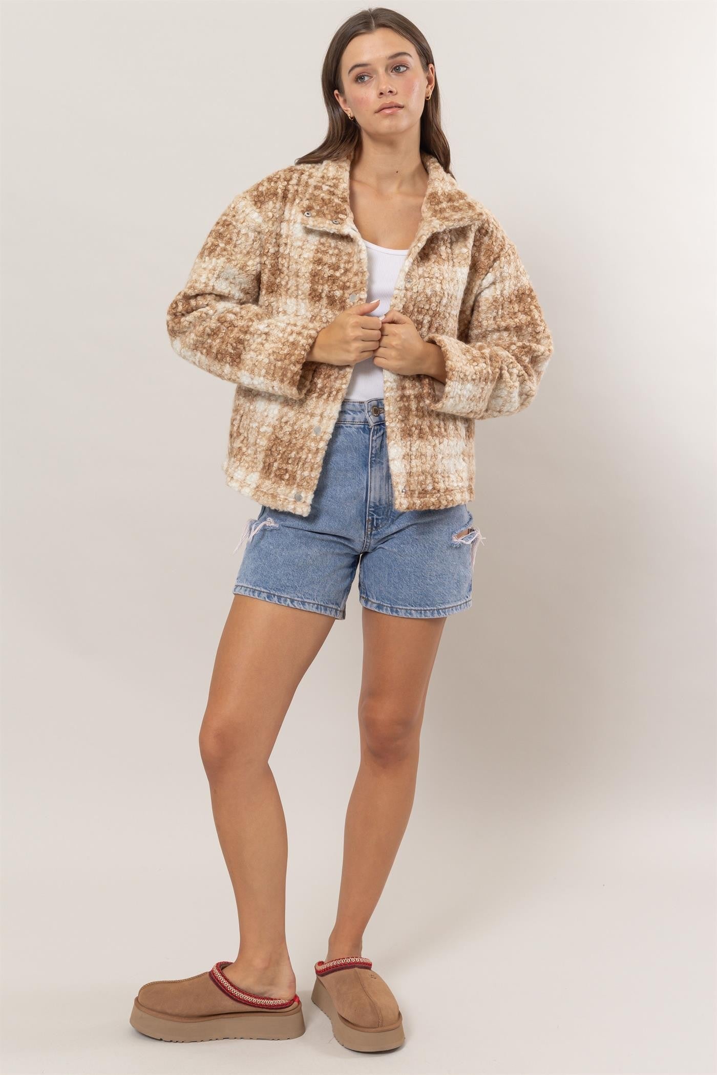 HYFVE Plaid Collared Neck Boucle Jacket with Pockets HYFVE Plaid Collared Neck Boucle Jacket with Pockets