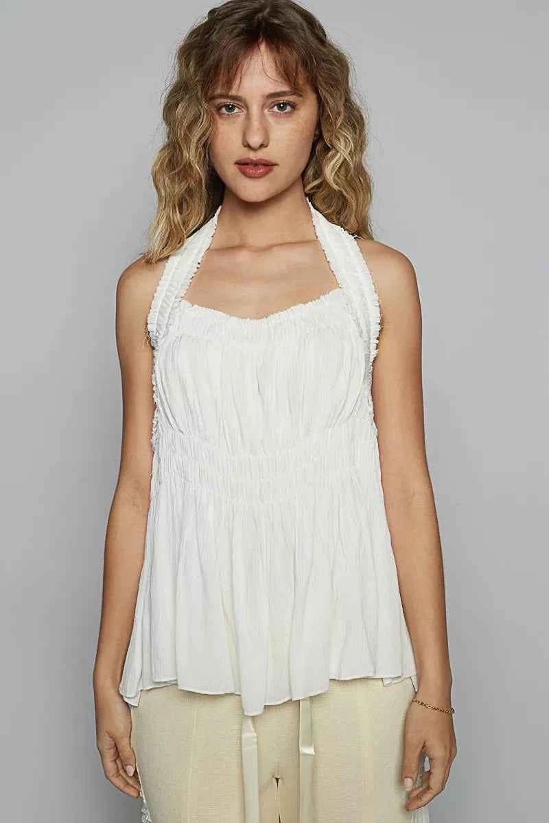 POL Backless Halter Sleeveless Top with Smocking Shirring Detail POL Backless Halter Sleeveless Top with Smocking Shirring Detail