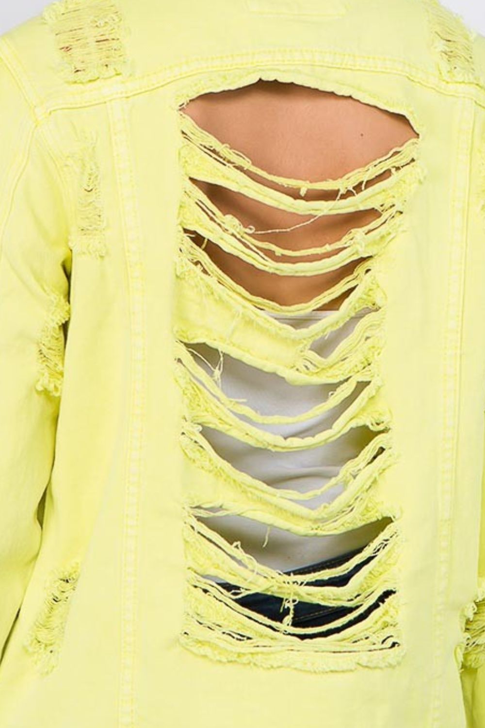 American Bazi Distressed Back Button Down Denim Jacket American Bazi Distressed Back Button Down Denim Jacket