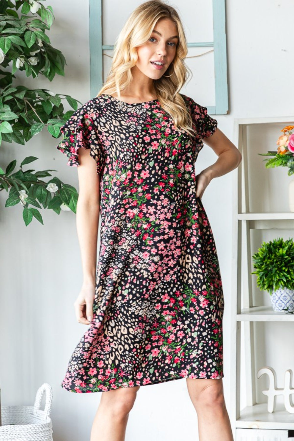 Heimish Full Size Printed Ruffled Short Sleeve Dress with Pockets Heimish Full Size Printed Ruffled Short Sleeve Dress with Pockets - TopFashionHQ